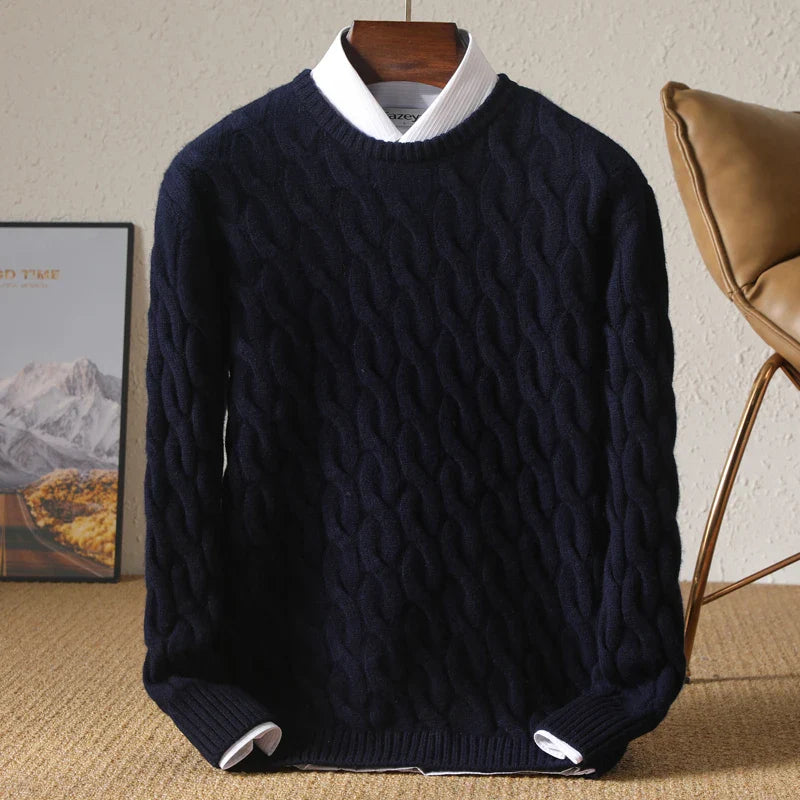 Men’s Navy Merino Wool Cable Knit Sweater
