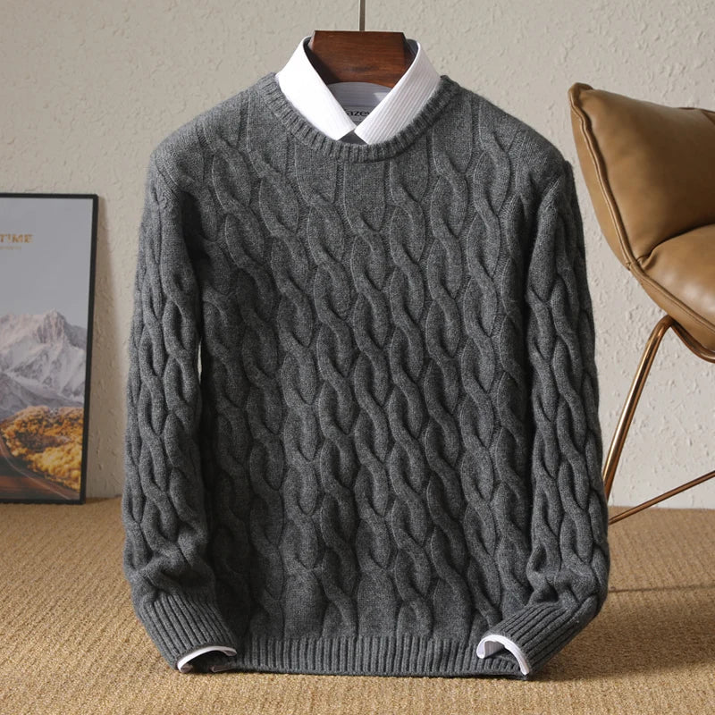 Men’s Navy Merino Wool Cable Knit Sweater