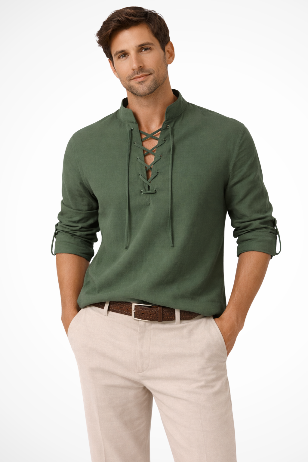 Rowan | Men Linen Lace Up Long Sleeve Casual Shirt