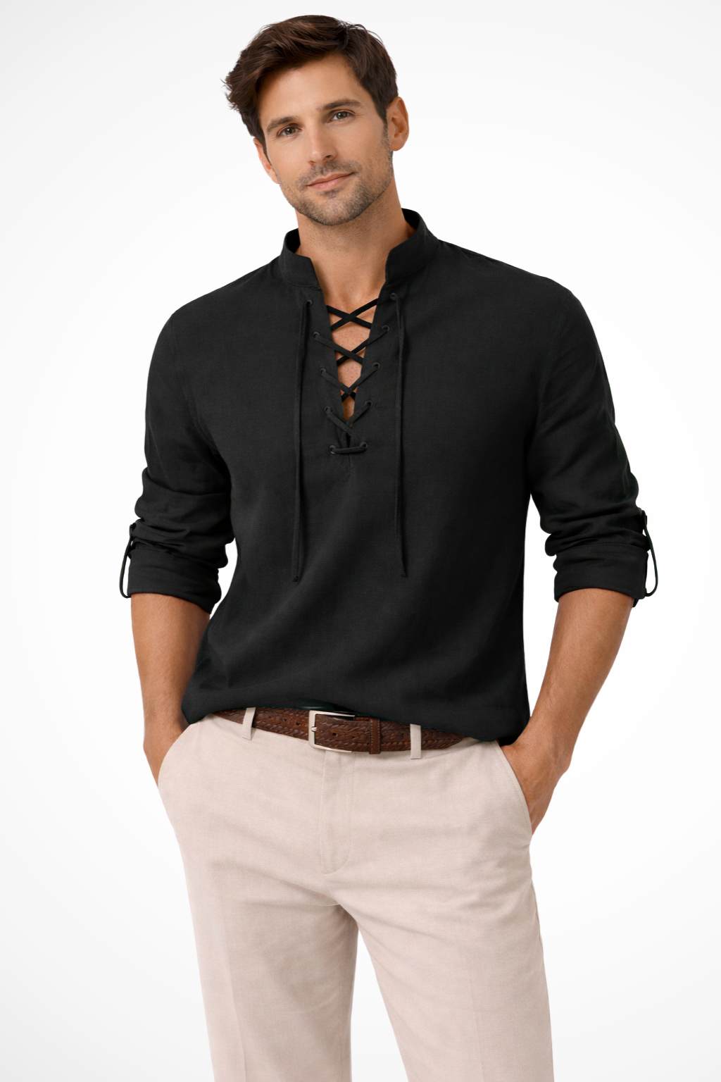 Rowan | Men Linen Lace Up Long Sleeve Casual Shirt