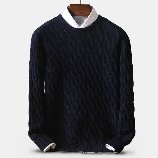 Men’s Navy Merino Wool Cable Knit Sweater