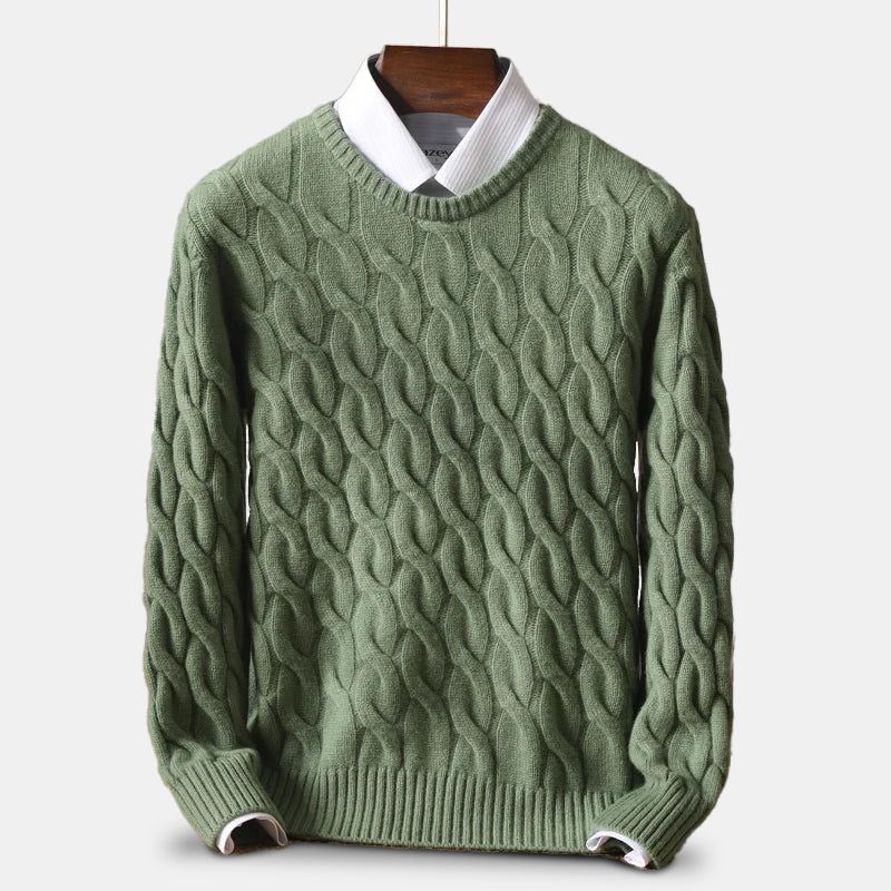 Men’s Green Merino Wool Cable Knit Sweater