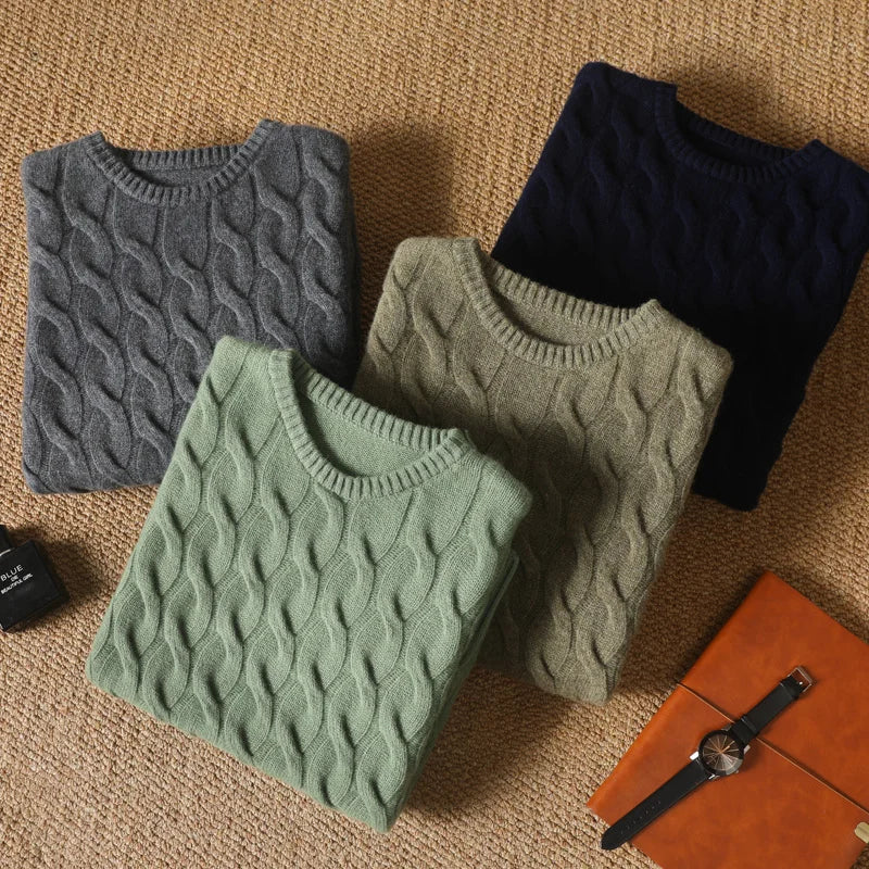 Men’s Navy Merino Wool Cable Knit Sweater