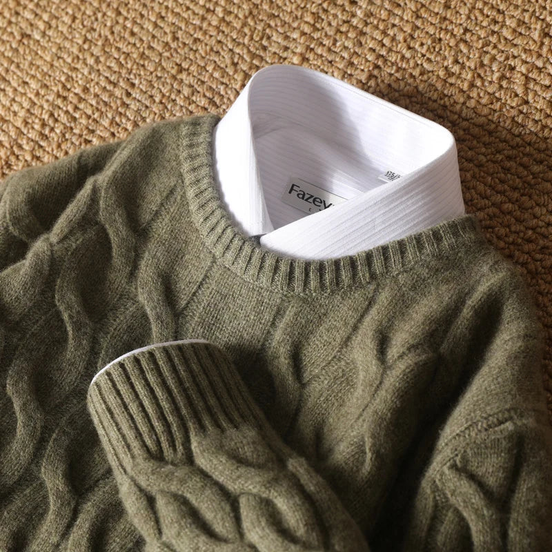 Men’s Green Merino Wool Cable Knit Sweater