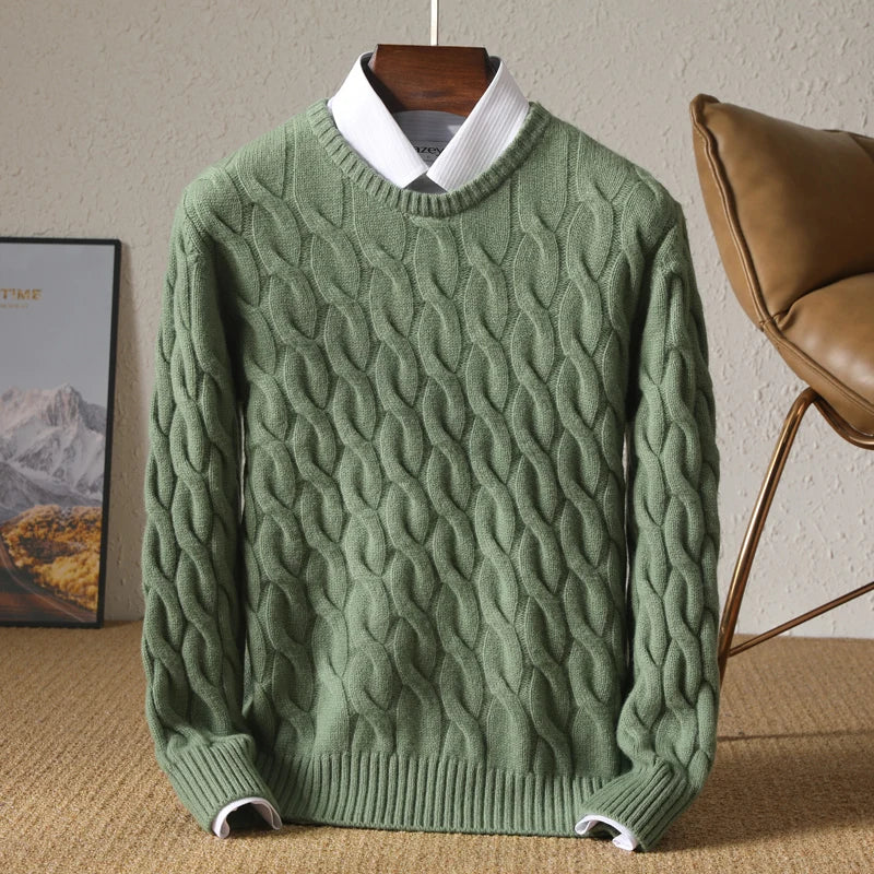 Men’s Green Merino Wool Cable Knit Sweater