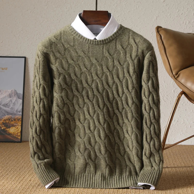Men’s Green Merino Wool Cable Knit Sweater