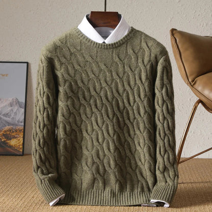 Men’s Navy Merino Wool Cable Knit Sweater