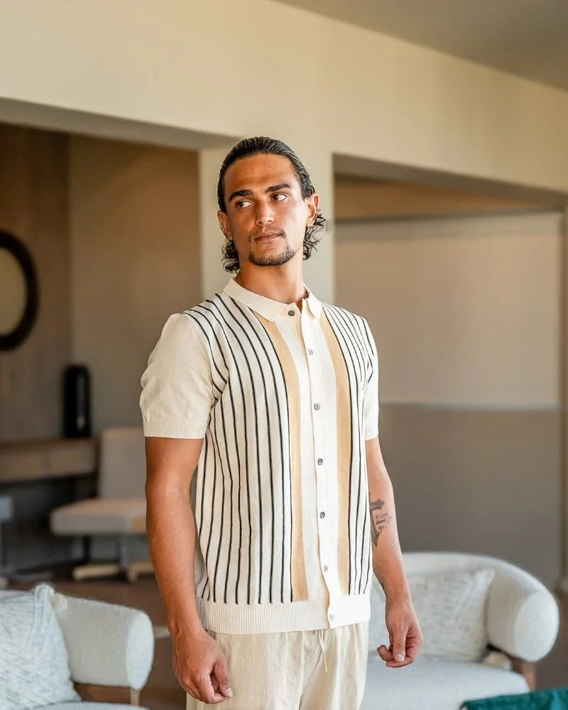 Monte Carlo Men’s Knitted Polo Shirt – Retro Vertical Stripes